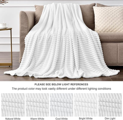 BEDELITE Fleece Throw Blanket for Couch – 3D Ribbed Jacquard Soft and Warm Decorative Fuzzy Blanket – Cozy, Fluffy, Plush Lightweight White Throw Blankets for Bed, Sofa, 84x90 inches