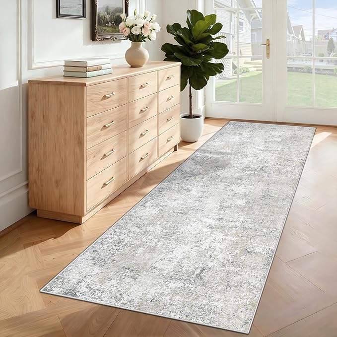 2x7 Runner Rug for Hallway, Washable Modern Abstract Runner Rugs Neutral Soft Non Slip Kids Rug Stain Resistant Indoor Runners for Entryway Bedroom Kitchen Laundry Room(BeigeGrey, 2'x7')
