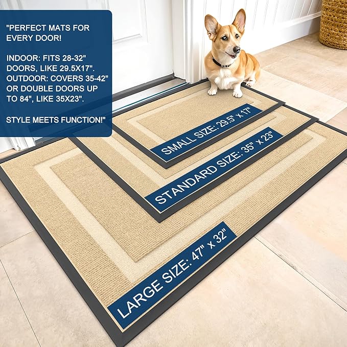OLANLY Front Door Mat Indoor Outdoor Entrance, Waterproof All-Season, All-Weather Doormat, Sturdy Natural Rubber, Fade Resistant, Low Profile, Easy Clean Patio Porch Entryway Mat, 59x23, Beige
