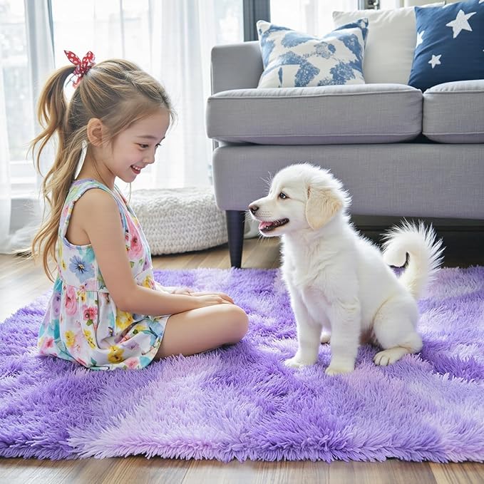 Area Rugs 9x12 Living Room, Large Area Rug Shag Shaggy Carpet Soft Plush Furry Bedside Rug, Machine Washable Area Rugs for Bedroom Kids Girls Boys Anti Slip(9 x 12, Purple Starry)