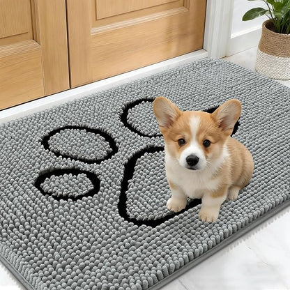 OLANLY Dog Door Mat for Muddy Paws 24x16, Paw Print Design, Absorbs Moisture and Dirt, Absorbent Non-Slip Washable Doormat, Quick Dry Chenille Mud Mat for Dogs, Entry Indoor Entryway Carpet, Grey