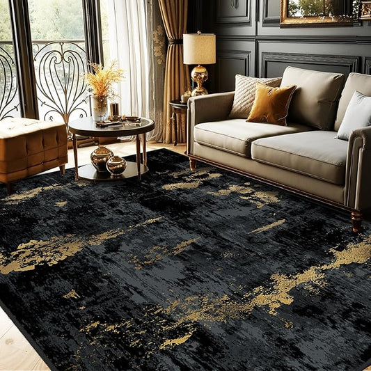 Washable Area Rugs 7'x9' Non-Slip Modern Abstract Soft for Living Room Entryway Bedroom Nursery, Print Pattern, Dark Black Gold