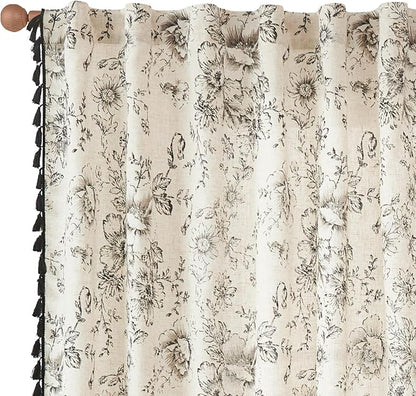 jinchan Linen Blend Curtain Floral Curtains for Living Room 63 Inch Length Printed Curtains with Tassels Rod Pocket Farmhouse Rustic Peony Flower Patterned Drapes Bedroom Window Curtains Set 2 Panels