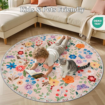 Round Area Rug for Living Room: 6 ft Floral Washable Circle Rug Soft Boho Non-Slip Carpet Indoor Stain Resistant Low Pile Small Circular Rug for Bedroom Entryway Kitchen Nursery Home Office Beige