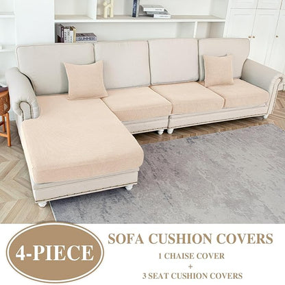 Couch Cushion Covers for Sectional Sofa L Shape Washable Separate Seat Chaise Couch Cover Stretch Sofa Slipcovers with 2 Pcs Pillowcases(3 Seater + 1 Chaise, Natural)