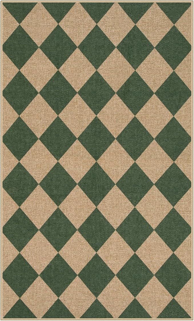 Lahome Colette Checkered Outdoor Patio Easy Jute Rug, 3x5 Dark Green Washable Front Porch Door Rug, Farmhouse Indoor Outdoor Carpet Non Slip Non Shedding Carpet for Entryway Living Room Deck