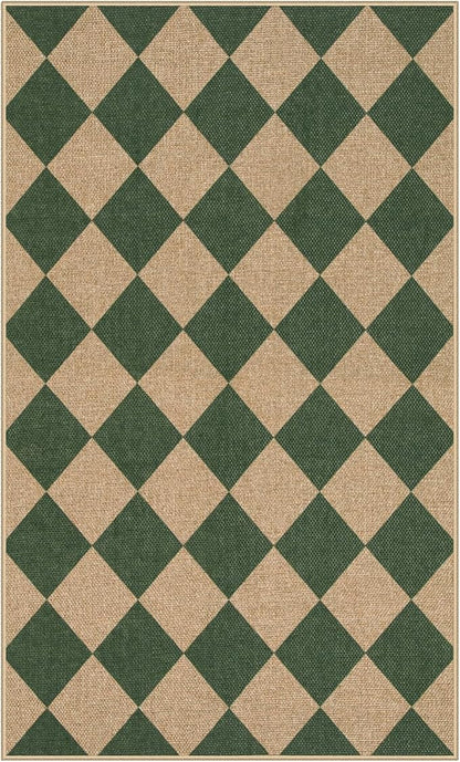 Lahome Colette Checkered Outdoor Patio Easy Jute Rug, 3x5 Dark Green Washable Front Porch Door Rug, Farmhouse Indoor Outdoor Carpet Non Slip Non Shedding Carpet for Entryway Living Room Deck