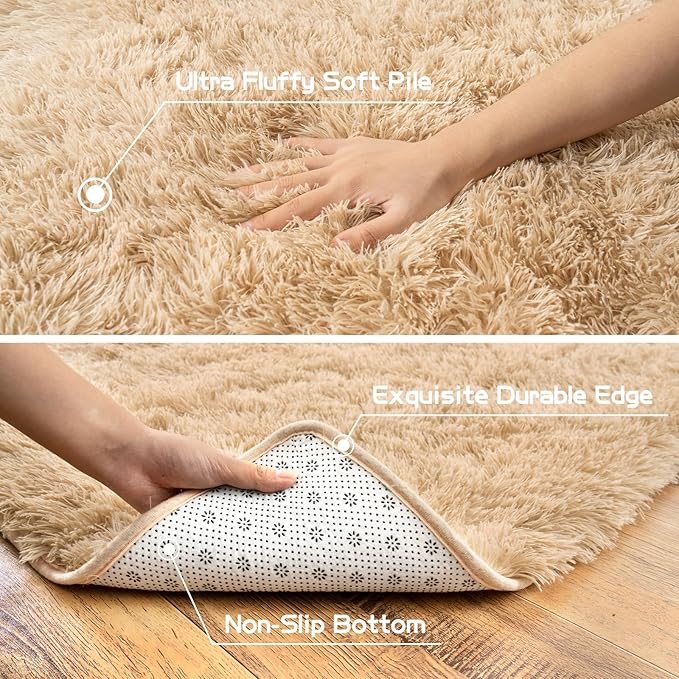 Pionblank 8x10 Rug for Living Room, Fuzzy Plush Large Area Rug, Fluffy Modern Shag Non Slip Soft Furry Carpet for Bedroom Kids Room Nursery Teens Dorm Home Decor, Camel