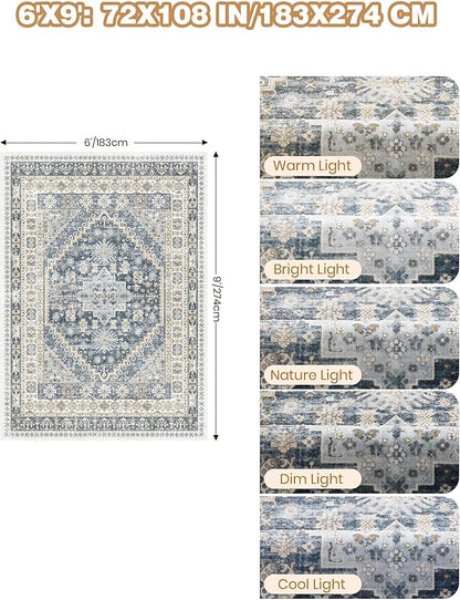 6x9 Area Rugs for Living Room,Soft Low Pile Indoor Washable Rugs for Bedroom, Non-Slip Backing Vintage Large Area Rug, Printed Vintage Floral Carpet(Blue/Beige,6'x9')