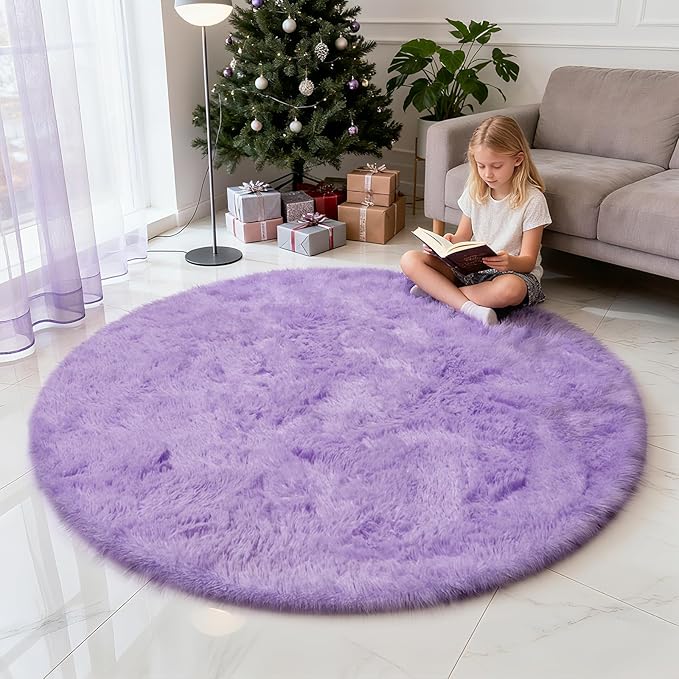 yulidayang Purple Fluffy Round Area Rugs for Bedroom,3'X3'Shag Circle Area Rugs for Girls Room,Non Slip Fuzzy Plush Rug for Kids Room Living Room and Dorm Home Decor Rug