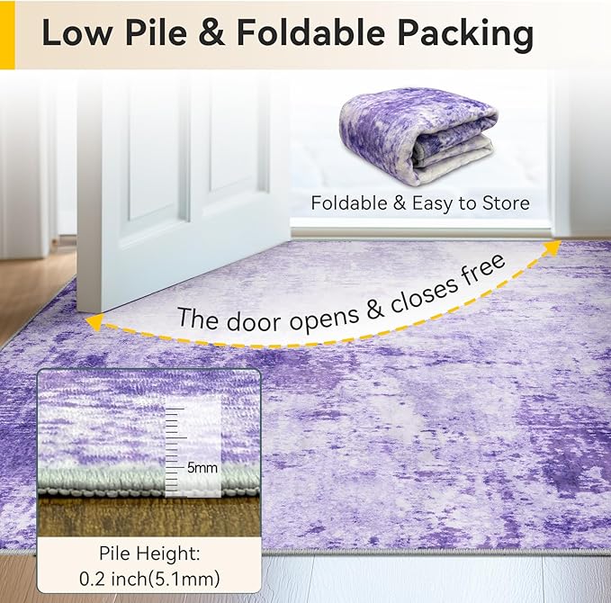 Washable Area Rugs 4'x6' Non-Slip Modern Abstract Soft for Living Room Entryway Bedroom Nursery, Print Pattern, Purple Gray Pink White