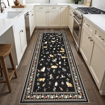 2x6 Washable Kitchen Runner Rug - Soft Low Pile Floral Animal Cat Print Rugs with Non-Slip Backing Waterproof Stain-Resistant Indoor Carpet for Hallway Entryway Bathroom Bedroom (Black)