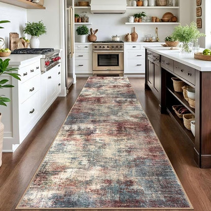 IOHOUZE Abstract Runner Rug 3x14 Ft Washable Runners for Hallways, Non Slip Kitchen Runner Printed Faux Wool Entryway Runner Indoor, Modern Abstract Floor Carpet for Hall Stair, Red/Multi