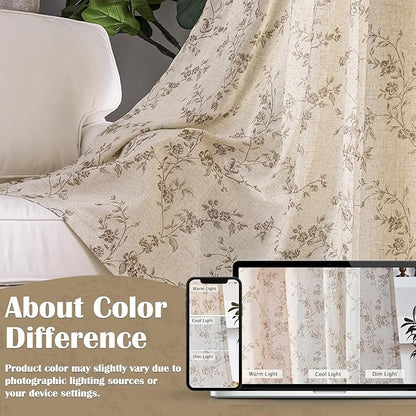 Lazzzy 90 Inch Curtain for Living Room Taupe Floral Drapes Linen for Bedroom Dining Room Farmhouse Vintage Light Filtering Curtains Rod Pocket Back Tab, 2 Panels Set, Taupe on Beige