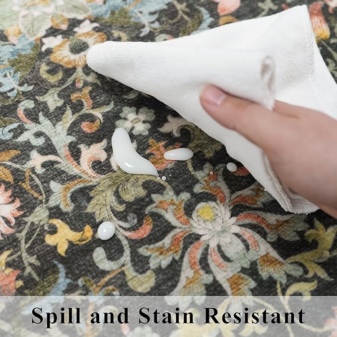 2x6 Washable Hallway Runner Rug: Vintage Floral Kitchen Rugs with Non-Slip Backing Low Pile Water Resistant Carpet for Living Room Bedroom Soft Floor Mat for Bathroom Laudry Dining Room(2x6,Green)