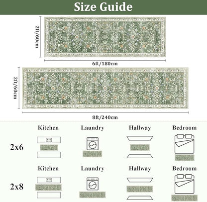 Yamaziot Washable Runner Rug 2x8 – Non Slip Boho Floral Hallway Runner Rug with Rubber Backing, Low Pile Wool Distressed Carpet for Kitchen, Laundry, Bedroom, Entrance, Mottled Green