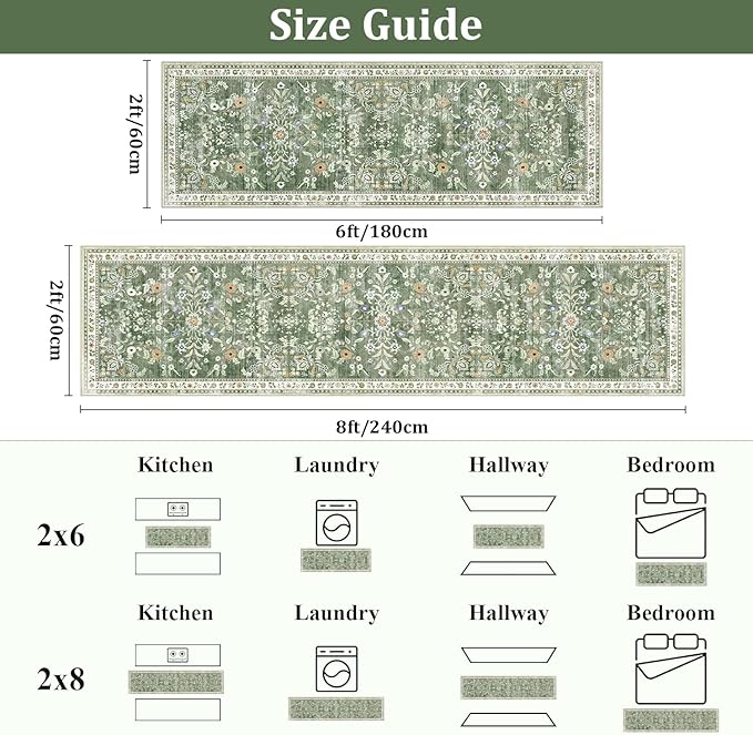 Yamaziot Washable Runner Rug 2x6 – Non Slip Boho Floral Hallway Runner Rug with Rubber Backing, Low Pile Faux Wool Distressed Carpet for Kitchen, Laundry, Bedroom, Entrance, Mottled Green