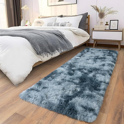 Soft Runner Rugs for Bedroom Hallways, 2x5 Tie-Dyed Blue Grey Fluffy Shag Throw Area Rug Non Slip for Bedside Dorm, Long Shaggy Furry Carpet for Nursery Living Room