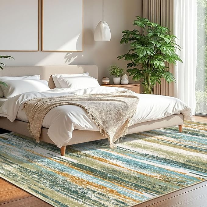 Lansny Modern Abstract 8x10 Large Machine Washable Living Room Rug Non-Slip Soft Bedroom Area Rug Green Mustard Multi Ultra Thin Print Faux Wool Carpet Throw Rugs for Playroom Dining Room Indoor