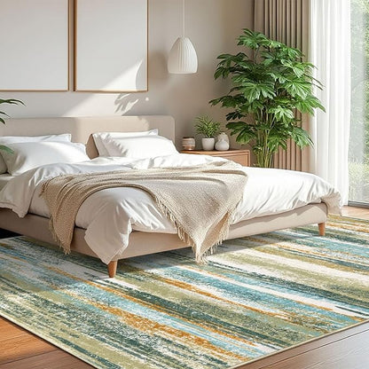 Lansny Modern Abstract 8x10 Large Machine Washable Living Room Rug Non-Slip Soft Bedroom Area Rug Green Mustard Multi Ultra Thin Print Faux Wool Carpet Throw Rugs for Playroom Dining Room Indoor