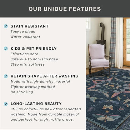 Dark Blue 2x3 Small Rugs for Bathroom Non Slip, Washable Vintage Boho Insect Rug for Kitchen Floor, Entryway Indoor, Powder Room, House Decor Aesthetic, Low Pile Non Slip Carpet