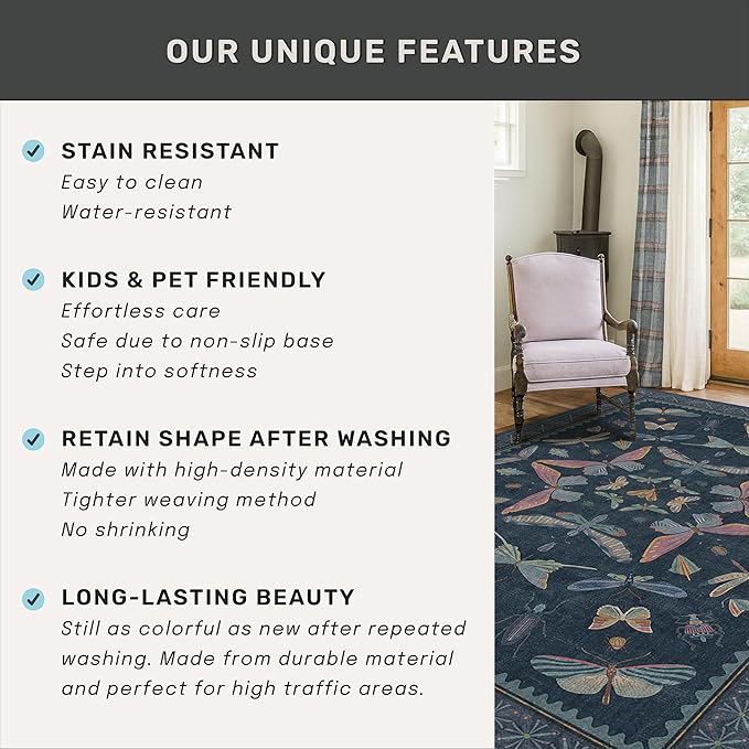 Vintage 2x6 Navy Blue Bathroom Rugs - Washable Insect Runners for Kitchen Floor, Hallway, Low Pile & Soft Non Slip Bedroom Carpet with Rubber Backing, Dark Retro Moth Decor