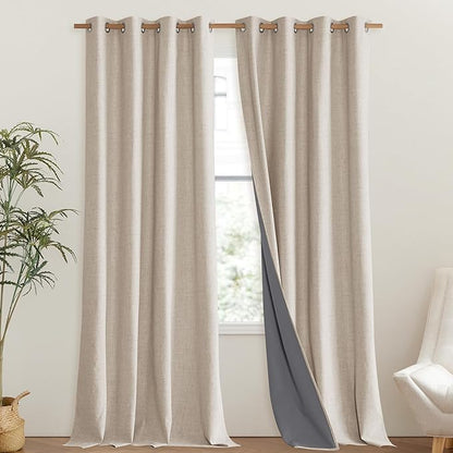 NICETOWN 100% Blackout Cream Linen Curtains 95 inches Length for Dining Room, 2 Panels Set, 52" Wide, Farmhouse Style Room Cooling Window Draperies with Thermal Insulated Liners