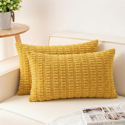 Pack of 2 Corduroy Decorative Throw Pillow Covers 12x24 Inch Soft Striped Pillow Covers Modern Farmhouse Home Decor for Sofa Living Room Couch Bed（Yellow）