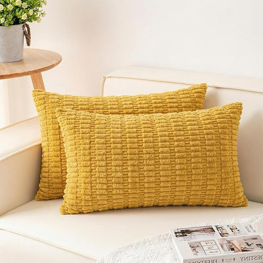 Pack of 2 Corduroy Decorative Throw Pillow Covers 12x20 InchSoft Boho Striped Pillow Covers Modern Farmhouse Home Decor for Sofa Living Room Couch Bed（Yellow）