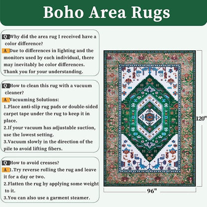 SERISSA Washable Rugs 8x10 Area Rugs, Large Non-Slip Boho Living Room Rug, Ultra Soft Oriental Vintage Green White Print Distressed Carpet for Dining Room Bedroom Dorm Office Home Decor