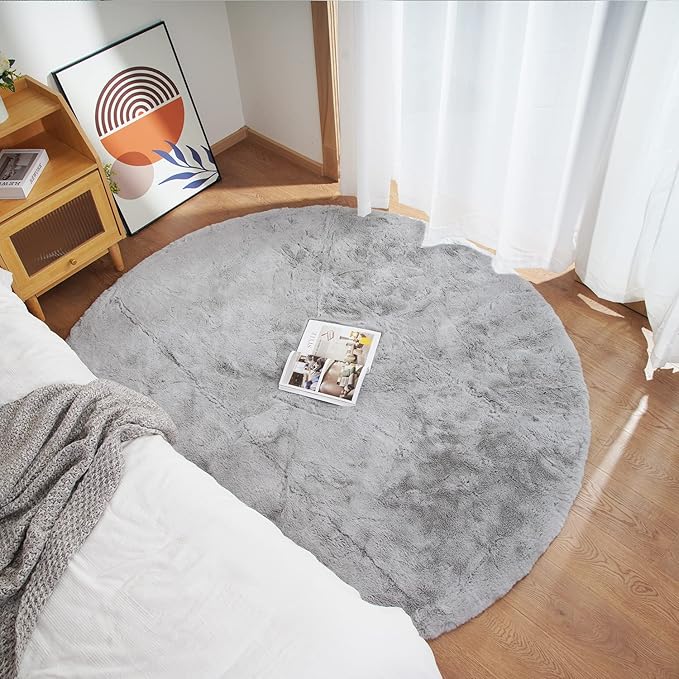 Ghouse Faux Rabbit Fur Round Rug 4ft Grey Round Rugs for Bedroom Decor Fluffy Area Rugs for Living Room, no-Shedding Carpet Sheepskin Washable Rug Rome Decor