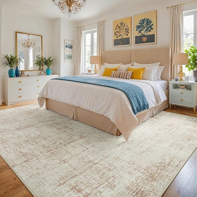 8x10 Area Rugs for Living Room Washable Rug: Anti-Skid Abstract Modern Living Room Rug Soft Thin Carpets Indoor Floor Non-Shedding Carpet for Bedroom Dining Farmhouse Nursery Home Office Beige White