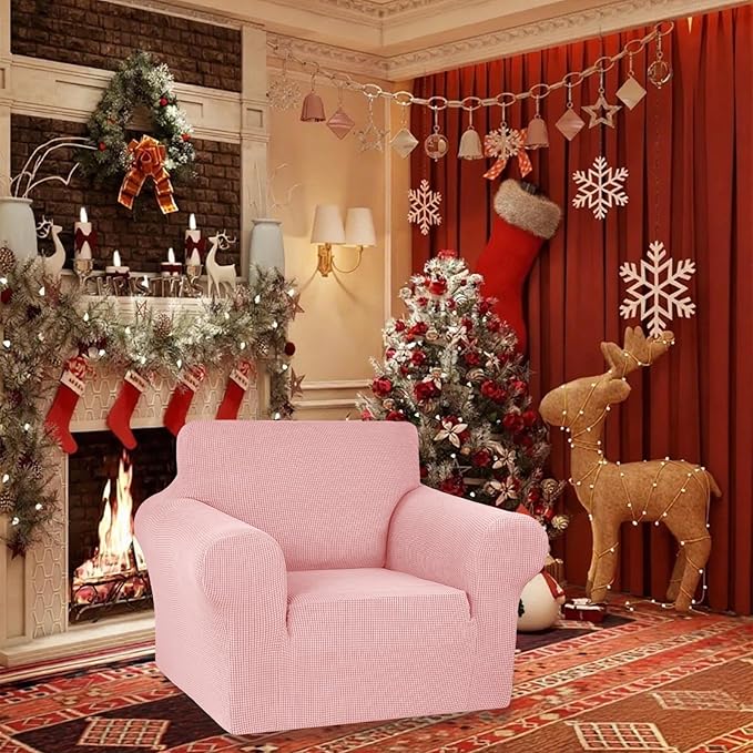 KEKUOU Stretch Single Sofa Slipcover 1 Piece Couch Sofa Cover (31"-55") Furniture Protector 1 Seater Sofa with Elastic Bottom for Kids,Pet.Jacquard Small Checked Pattern Fabric(Small,Dusty Pink)