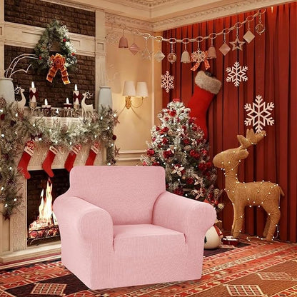 KEKUOU Stretch Single Sofa Slipcover 1 Piece Couch Sofa Cover (31"-55") Furniture Protector 1 Seater Sofa with Elastic Bottom for Kids,Pet.Jacquard Small Checked Pattern Fabric(Small,Dusty Pink)