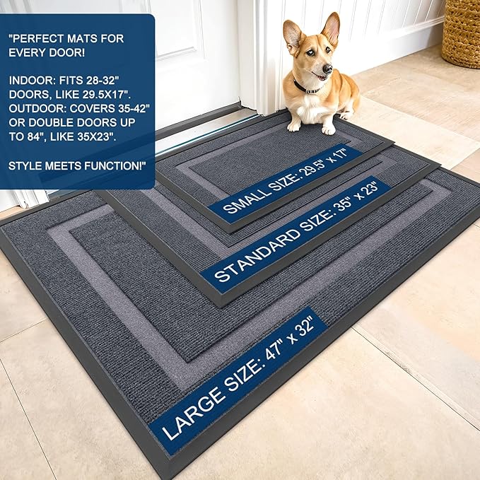 OLANLY Front Door Mat Indoor Outdoor Entrance, Waterproof All-Season, All-Weather Doormat, Sturdy Natural Rubber, Fade Resistant, Low Profile, Easy Clean Patio Porch Entryway Mat, 59x30, Light Grey