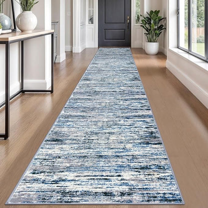Lansny Modern Abstract Runner Rug 2.6x18, Grey Blue White Washable Long Kitchen Runner Non-Slip Soft Hallway Rug Runner Thin Print Faux Wool Carpet for Entryway Bedroom Laundry Room Indoor Home Decor