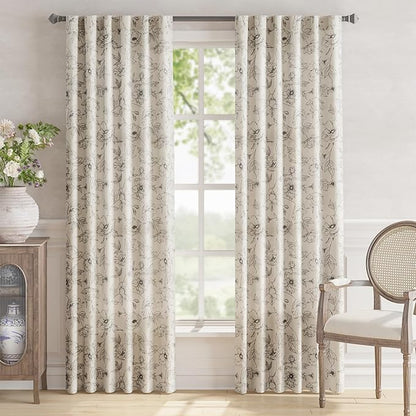 jinchan Linen Floral Curtains for Living Room 84 Inch Length Grey Flower Curtain Rod Pocket Back Tab Farmhouse Curtains with Printed Floral Bedroom Window Curtain Set, 2 Panels Gray