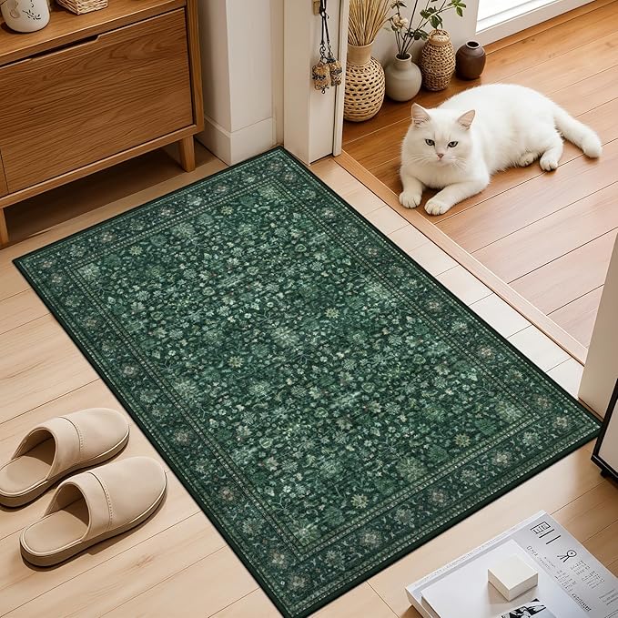 2x3 Area Rugs Living Room Rug: Washable Vintage Distressed Floral Rug No Slip Stain Resistant Soft Carpet Indoor Large Carpets for Bedroom Dining Room Farmhouse Nursery Hallway Home Office Deep Green