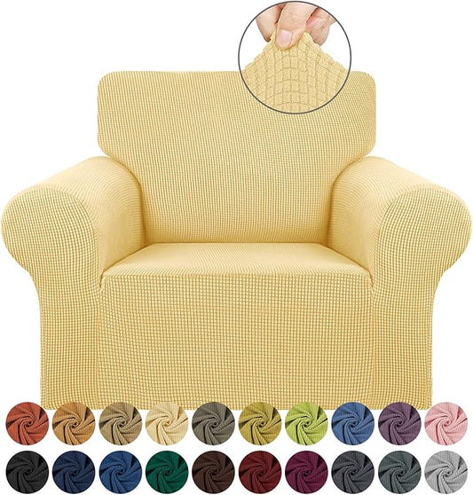 KEKUOU Stretch Single Sofa Slipcover 1 Piece Couch Sofa Cover (31"-55") Furniture Protector 1 Seater Sofa with Elastic Bottom for Kids,Pet.Jacquard Small Checked Pattern Fabric(Small,Champagne)