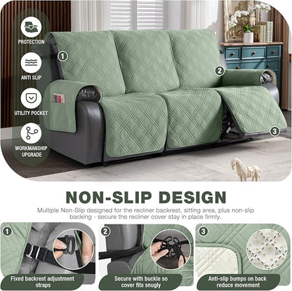 TAOCOCO 100% Waterproof Recliner Sofa Cover, Non Slip Split Couch Covers for Reclining Couches with Straps, Washable Reclining Sofa Cover Furniture Protector for Kids Pets(3 Seater, Sage Green)