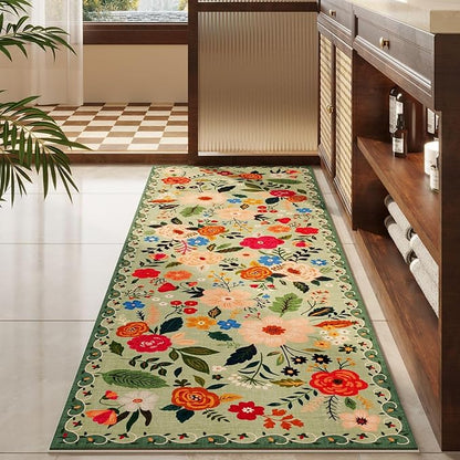 Rugcomf 2x5 Rug Runner - Floral Machine Washable Kitchen Rug, Non-Slip Low Pile Boho Carpet for Hallways, Laundry, Entryway, Bedroom, Bathroom - Green