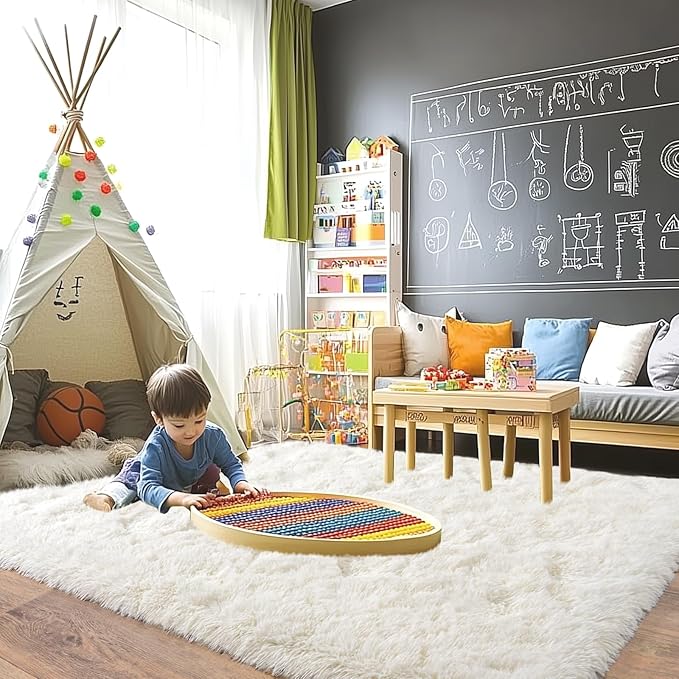 Pionblank Large Rug for Living Room 6x9 Feet, Modern Soft Shag Area Rug, Plush Fuzzy Carpet for Bedroom Girls Boys Room Home Nursery Teens Dorm Decor, Cream White