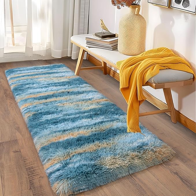 Soft Runner Rugs for Bedroom Hallways, 2x5 Abstract Blue Fluffy Shag Throw Area Rug Non Slip for Bedside Dorm, Long Shaggy Furry Carpet for Nursery Living Room