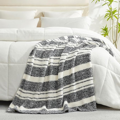 Snuggle Sac Heather Throw Blanket for Couch, Reversible Super Soft Blankets Warm Cozy Knit Fuzzy Plush Lightweight for Sofa, Bed, Camping, Picnic (Stripe Black, Queen (90"x90"))