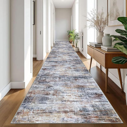 IOHOUZE Abstract Runner Rug 3x20 Ft Extra Long Washable Runners for Hallways, Non Slip Kitchen Runner Printed Faux Wool Entryway Runner Indoor, Modern Abstract Floor Carpet for Hall Stair, Orange Grey