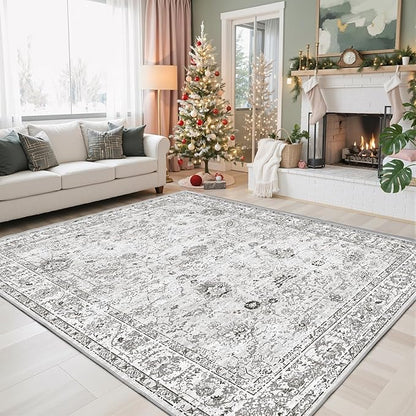 Grey White Area Rugs 5x8 for Living Room Bedroom, Non-Slip Washable Rugs Stain Resistant Boho Rug Low Pile Rug for ‎Dining Room Office (5 x8, Grey White)