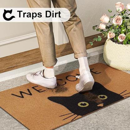 UINI Door Mat Cat Welcome Mat, Black Cat with Green Eyes Doormat, Non-Slip Cat Welcome Mats for Front Door, Outside Entrance, Resist Dirt, 17" x 30"