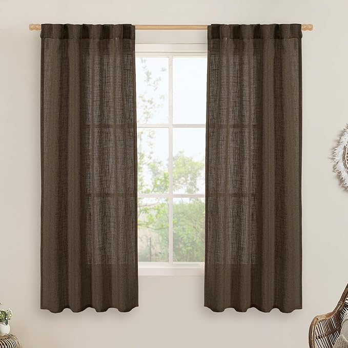LAMIT Linen Curtains 60 Inch Length 2 Panels, Light Filtering Panels Back Tab and Rod Pocket Neutral Drapes for Bedroom/Window/Living Room, Dark Brown, 34 x 60 Inch