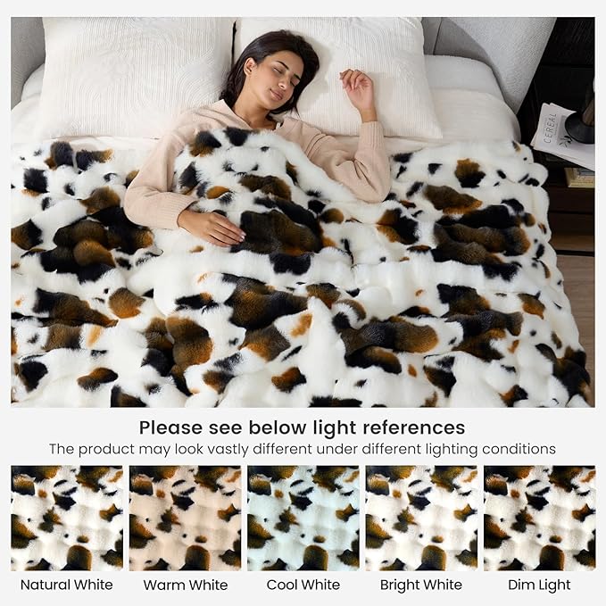 Cozy Bliss Cow Print Faux Fur Throw Blanket for Couch, Fuzzy Soft Plush Thick Bubble Blanket for Sofa Bedroom Living Room, 60x80 Inches