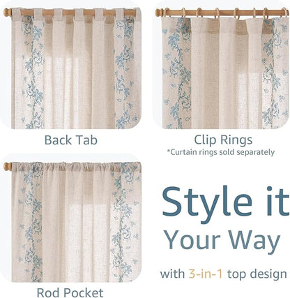 jinchan Evelyn Embroidered Linen Curtains 63 inch Floral Curtains for Living Room Bedroom Farmhouse Cottagecore Semi Sheer Light Filtering Window Drapes Rod Pocket Back Tab 2 Panels W50 x L63 Blue